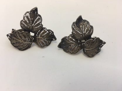 Vintage Art Deco 900 Stamped Silver Filigree Leaf Design Clip On Earrings