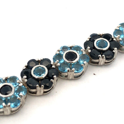 Designer 925 Sterling Silver Round Blue Topaz Sapphire Floral Tennis Bracelet