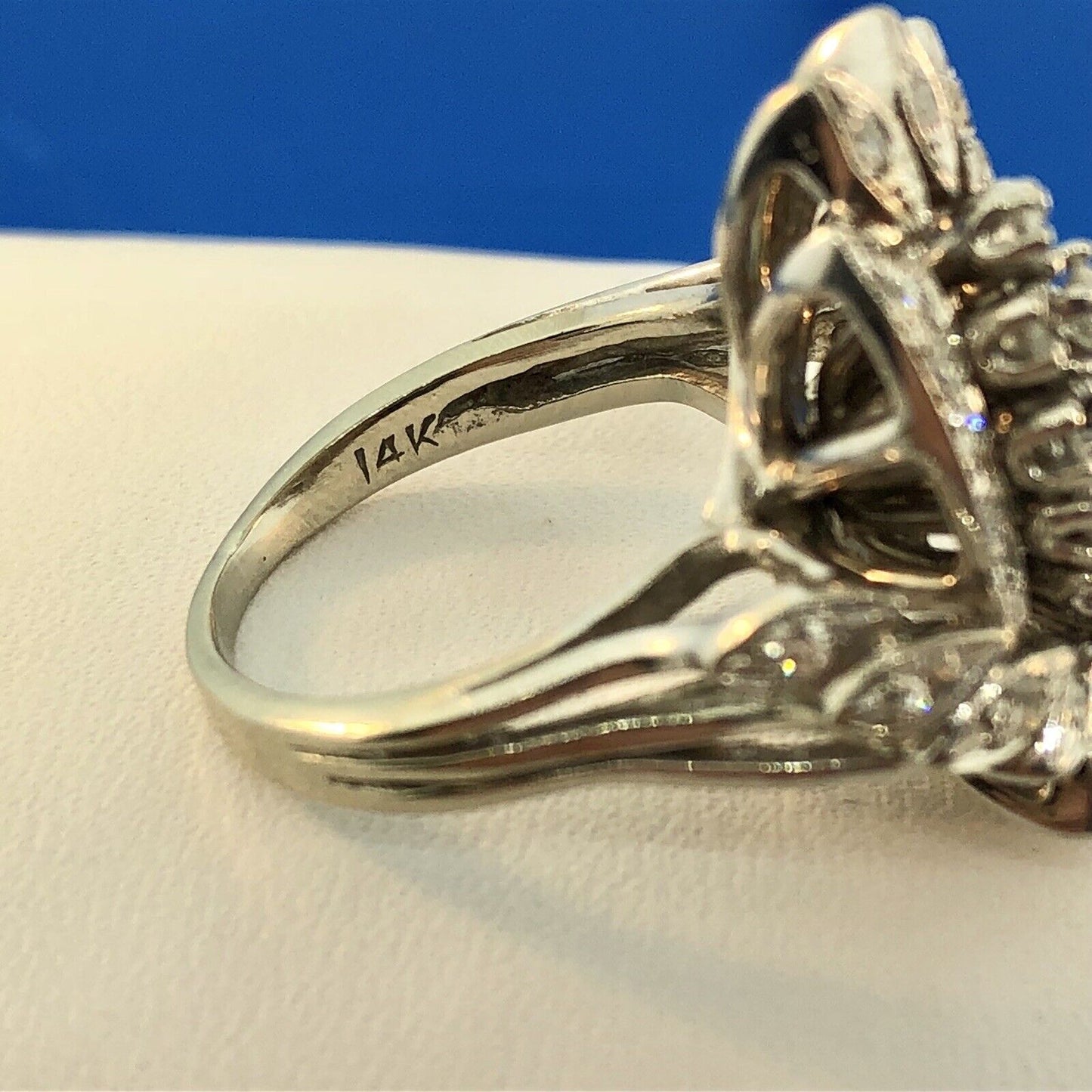 Estate 14K White Gold Diamond Feather Flower Cluster Statement Anniversary Ring