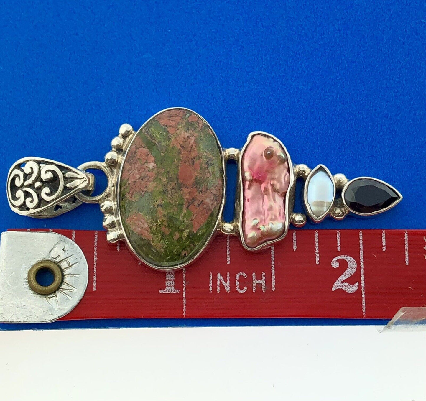 Sterling Silver 925 Unakite Mother Of Pearl Garnet Pearl Statement Pendant