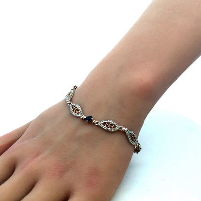 Designer DL 925 Sterling Silver Gold Vermeil Oval Blue CZ Leaves Tennis Bracelet