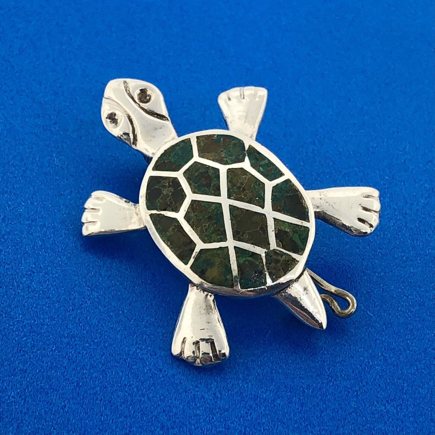Taxco Mexico Designer Miguel Melendez Sterling Silver 925 Malachite Turtle Pin