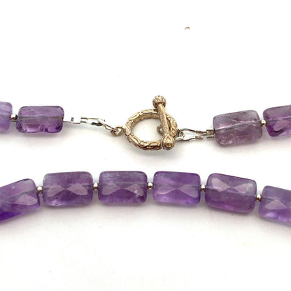 Vintage 925 Sterling Silver Rectangle Faceted Purple Amethyst Beaded Necklace