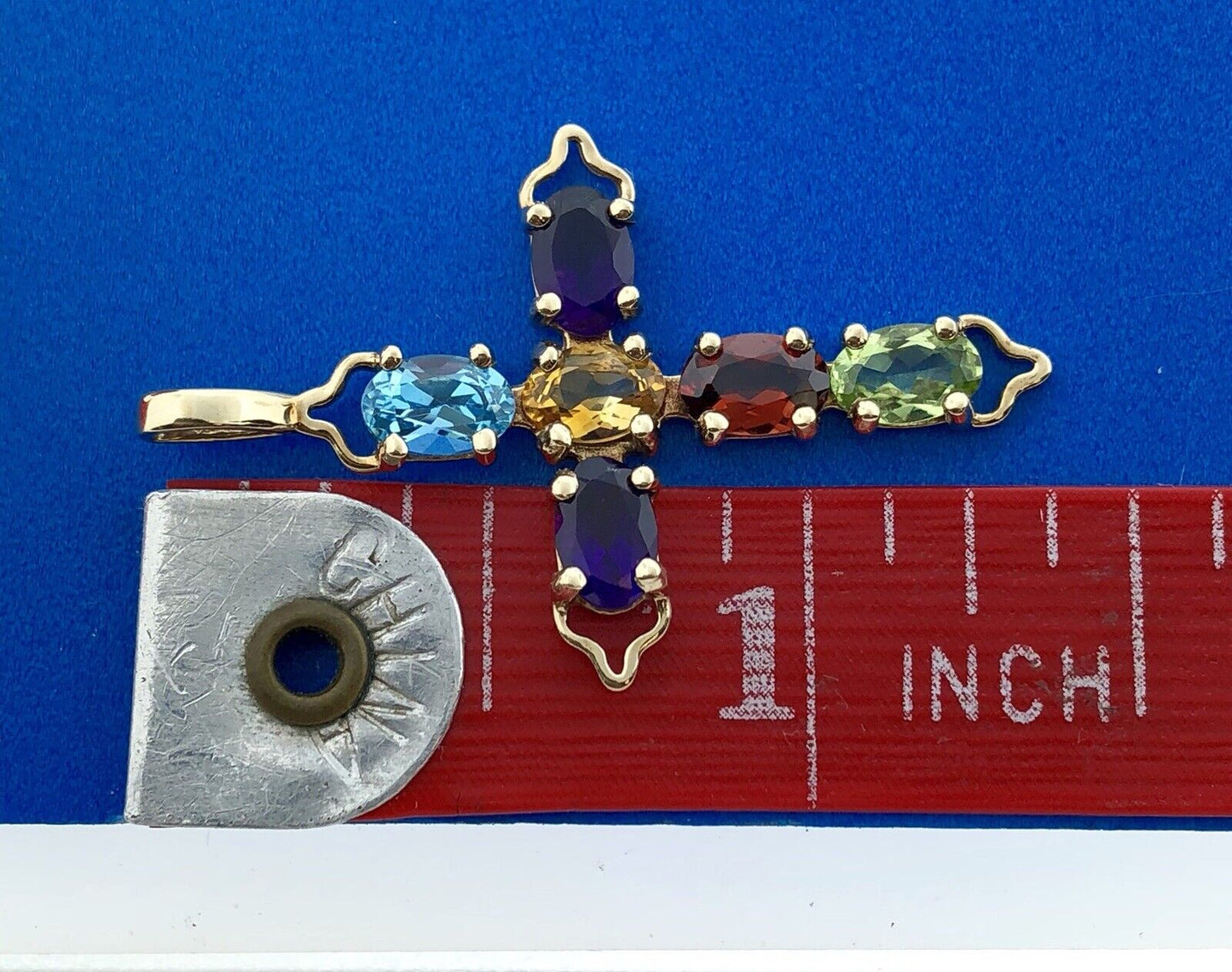 Vintage 10K Yellow Gold Multi Gemstone Cross Pendant