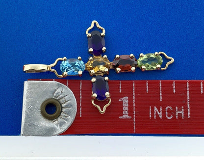Vintage 10K Yellow Gold Multi Gemstone Cross Pendant