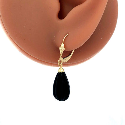Designer 14K Yellow Gold Ribbed Onyx Pear Drop Dangle Leverback Earrings