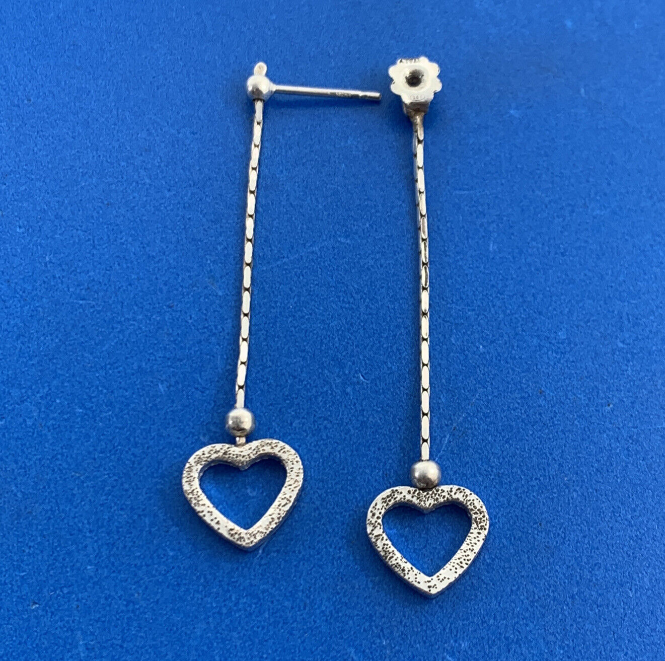 Vintage Italy 925 Sterling Silver Double Heart Drop Dangle Chain Stud Earrings