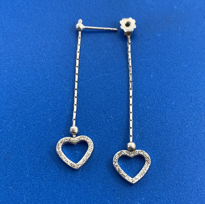Vintage Italy 925 Sterling Silver Double Heart Drop Dangle Chain Stud Earrings