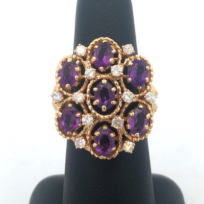Vintage 14K Yellow Gold Amethyst Diamond Statement Anniversary Cocktail Ring