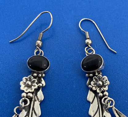 Vintage Native American 925 Sterling Silver Black Onyx Dangle Feather Earrings