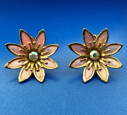 Vintage Coro Gold Tone Pink Rhinestone Daisy Flower Clip On Earrings