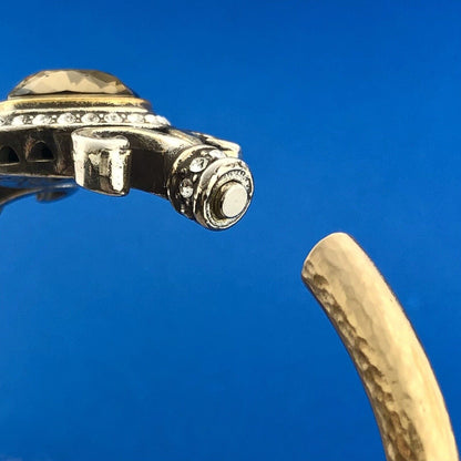 Stunning Silver Plated Smoky Quartz White Rhinestone Hinged Cuff 6.5" Bracelet