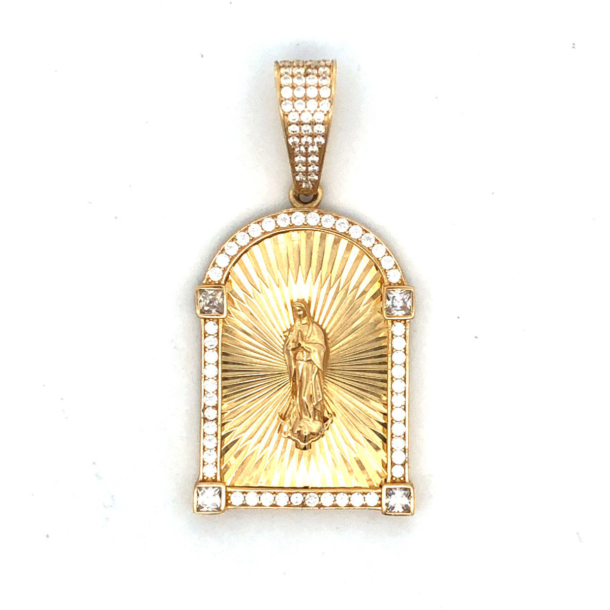 Custom 10K Yellow Gold Cut Cubic Zirconia Madonna Religious Statement Pendant