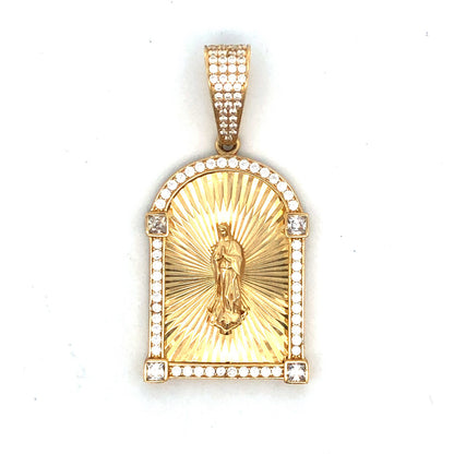 Custom 10K Yellow Gold Cut Cubic Zirconia Madonna Religious Statement Pendant