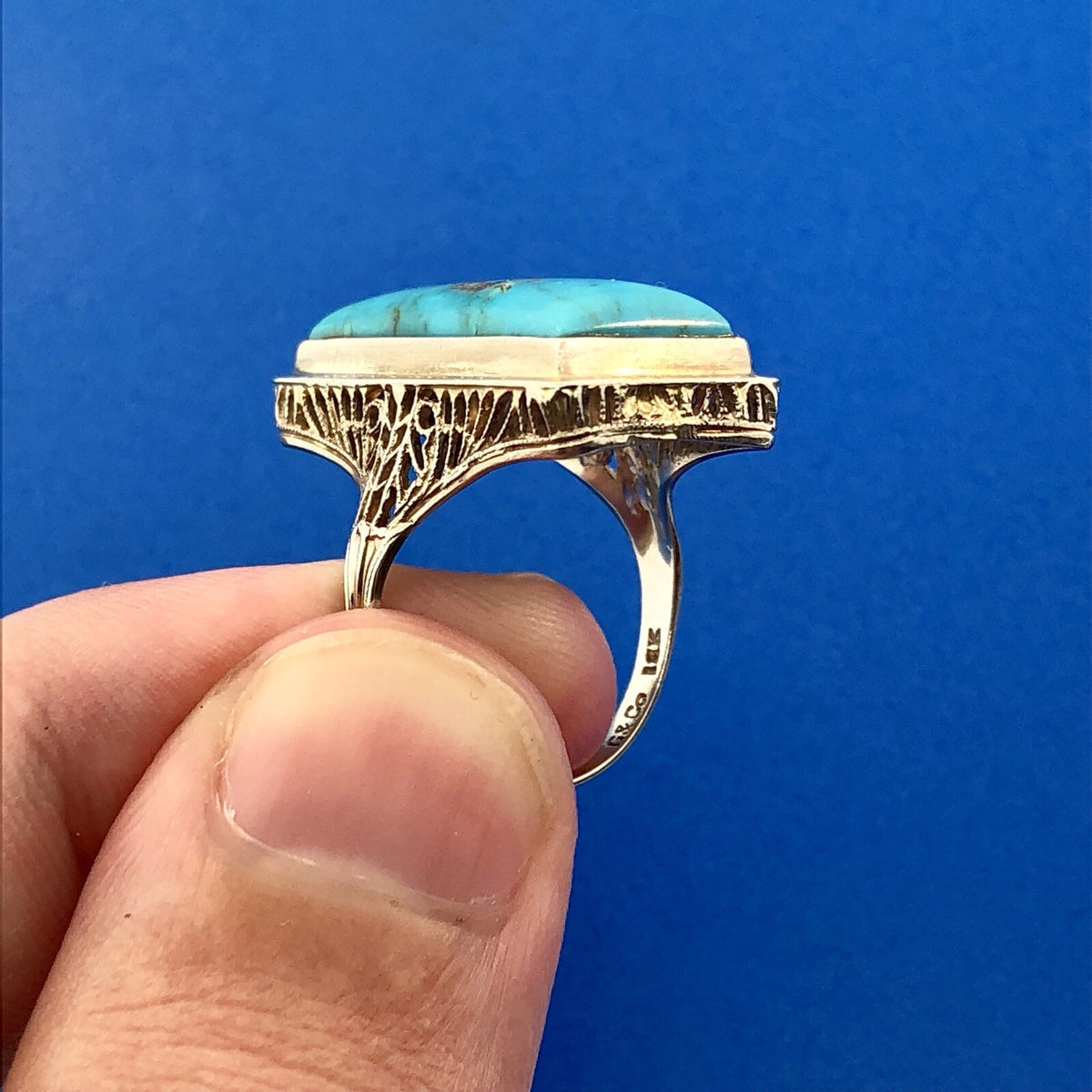 Art Deco Designer G & Co 14K White Gold Turquoise Filigree Statement Dinner Ring