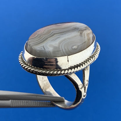 Artisan Sterling Silver 925 Oval Laguna Lace Agate Statement Fashion Ring