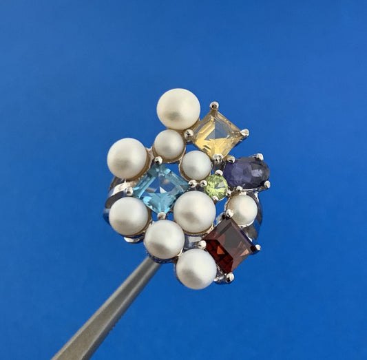 Designer Sterling Silver Mixed Gemstone Pearl Statement Modernist Cocktail Ring