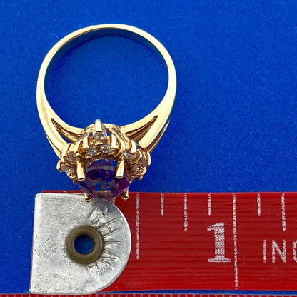 14K Yellow Gold Amethyst Diamond Halo Starburst Cluster February Cocktail Ring