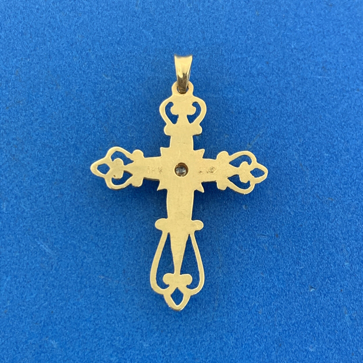 Retro 14K Yellow Gold Diamond Black Enamel Scroll Cross Religious Pendant