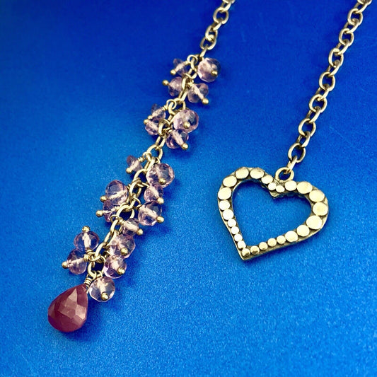 Charming Sterling Silver Ruby Amethyst Bead Heart Lariat Adjustable Necklace