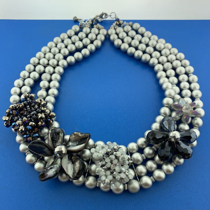 Fabulous Silver Tone Gray Faux Pearl Crystal Lucite 4 Strand Choker Necklace