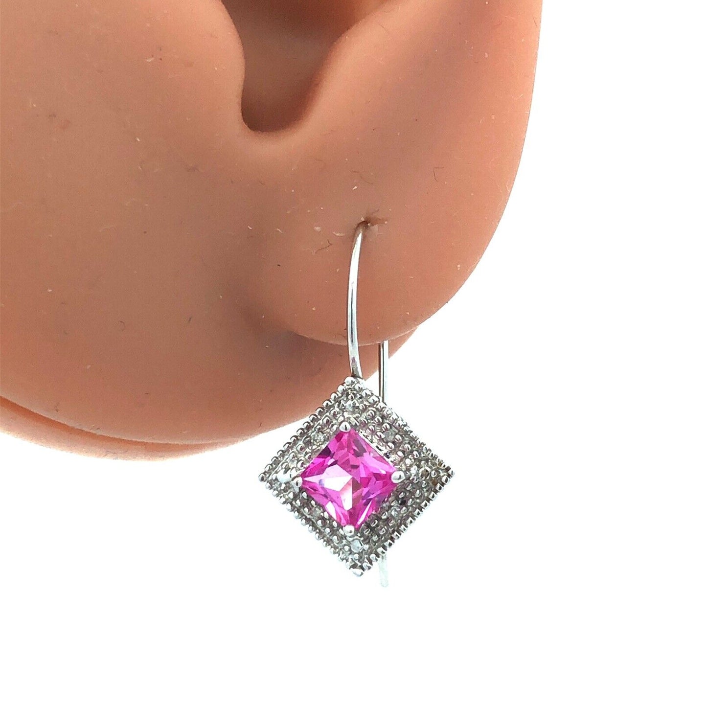 Designer 10K White Gold Princess Pink Sapphire Diamond French Hook Earrings