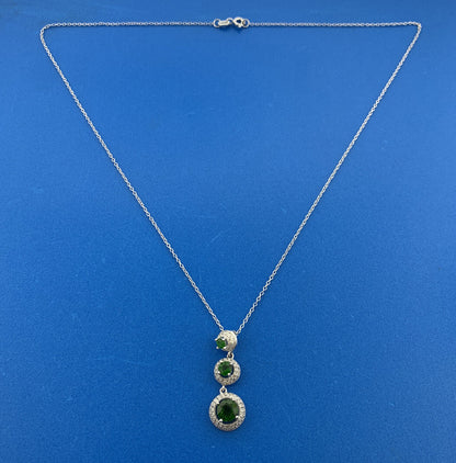 Sterling Silver 925 Round Cut Emerald Diamond Halo Triple Dangle 18" Necklace