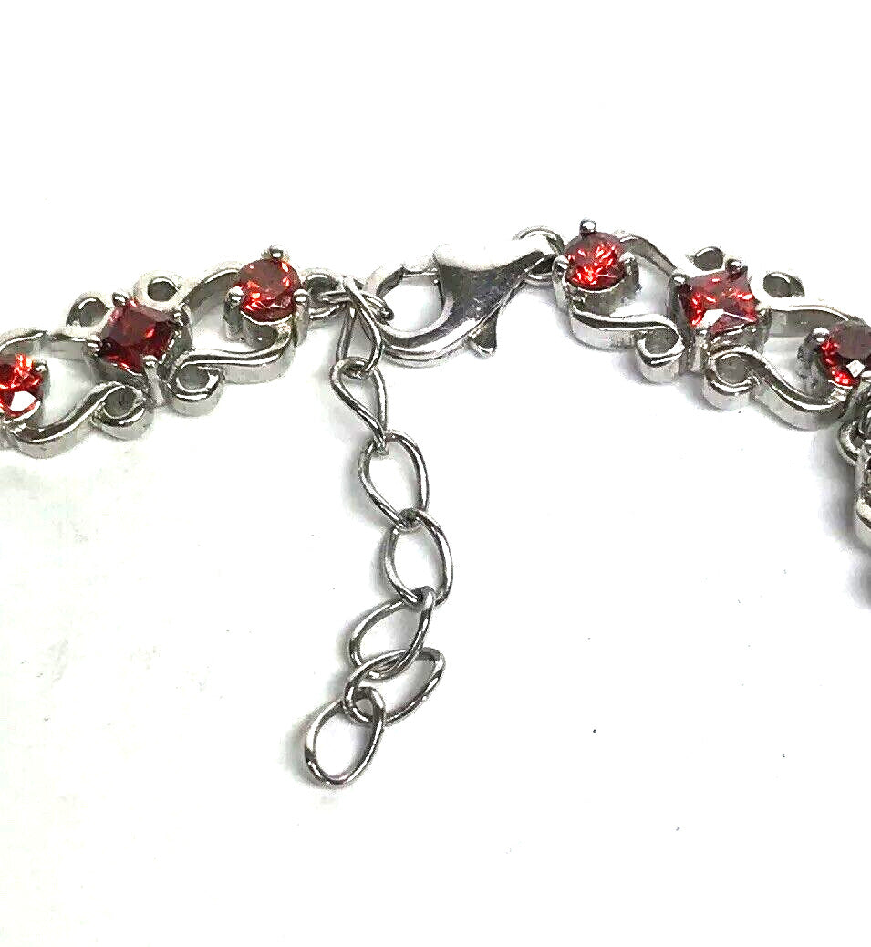 Sterling Silver 925 Estate Red Cubic Zirconia Open Work Statement Bracelet
