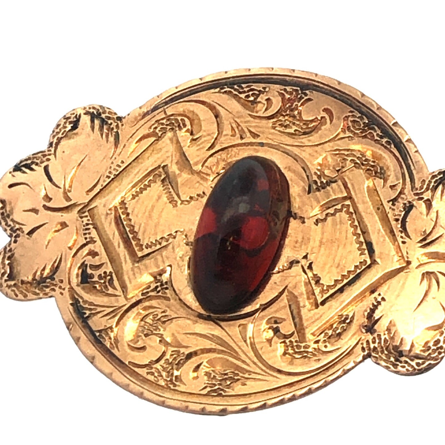 Victorian Art Deco 14K Yellow Gold Garnet Cabochon Engraved Brooch Pendant Pin