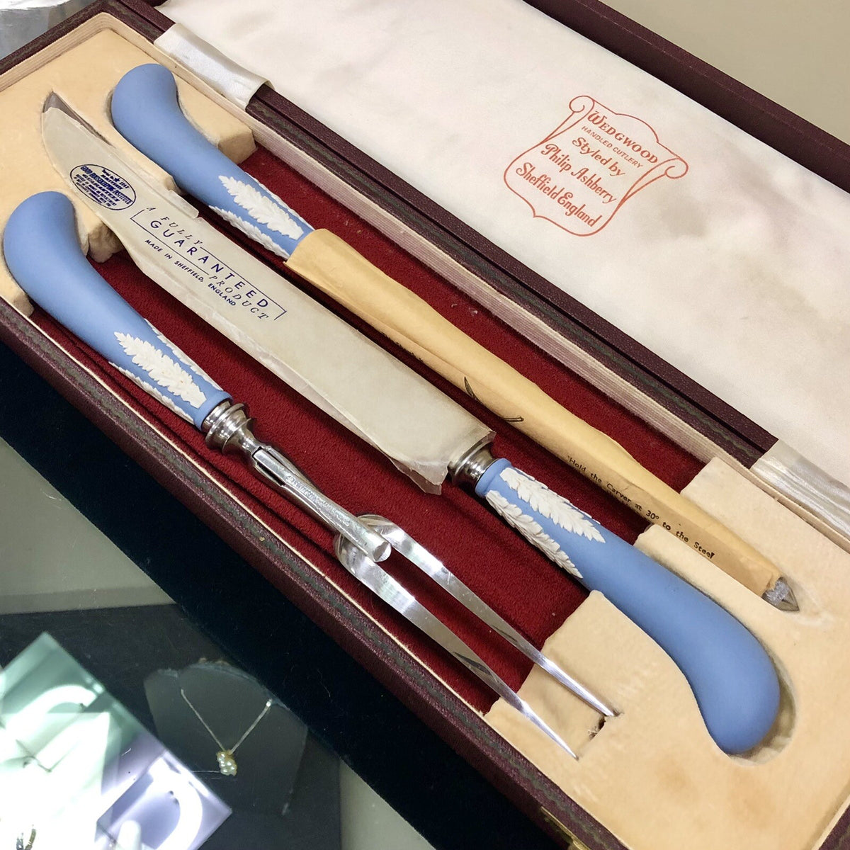 Philip Ashberry Wedgewood Blue Jasperware 3 Piece Carving Set Original Box