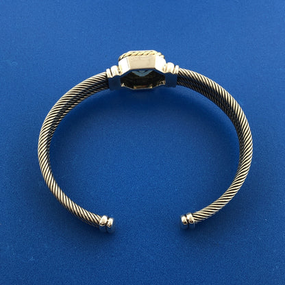 Designer CNA 925 Sterling Silver 14K Green Amethyst Cable Cuff Bracelet