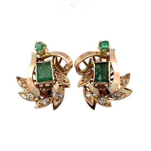 Estate 10K Yellow Gold Emerald Diamond Statement Modernist Stud Earrings