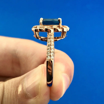 Strawberry Toned 925 Sterling Silver Oval Blue Cubic Zirconia White CZ Halo Ring