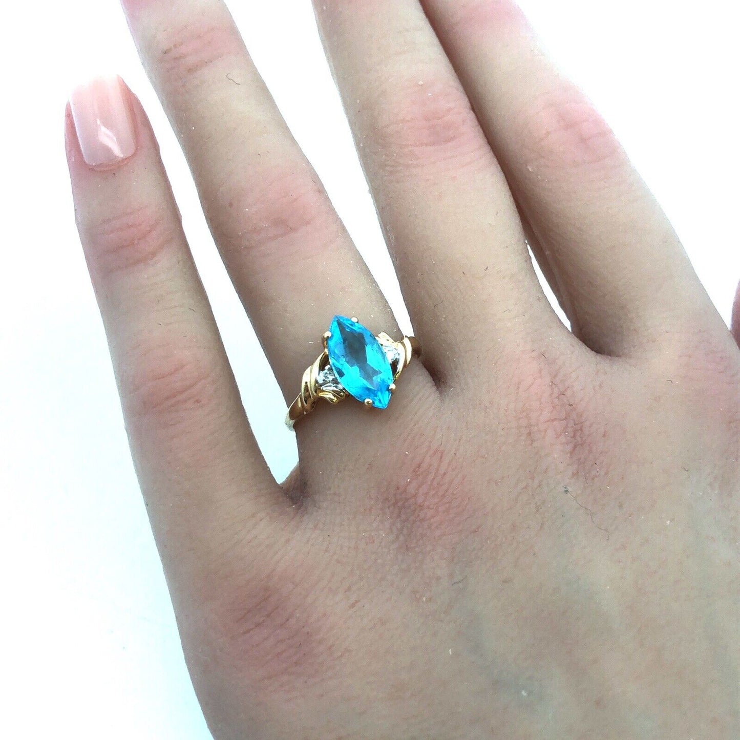 14K Yellow Gold Marquise Blue Topaz Diamond Anniversary Cocktail Statement Ring