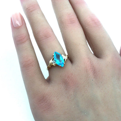 14K Yellow Gold Marquise Blue Topaz Diamond Anniversary Cocktail Statement Ring
