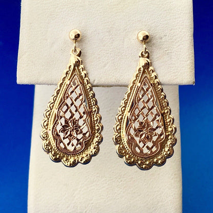 Vintage JCM 14K Yellow Rose Gold Floral Filigree Scroll Pear Dangle Earrings