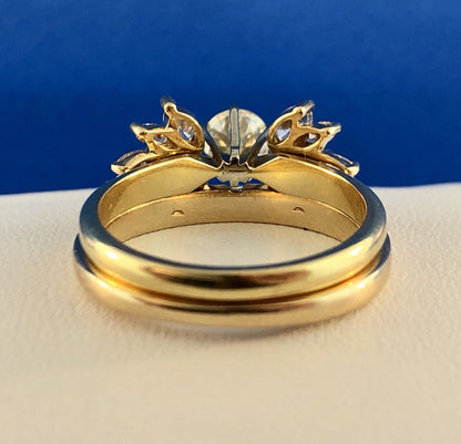 14K Yellow Gold Diamond Solitaire Floral Accent Guard Engagement Bridal Ring Set
