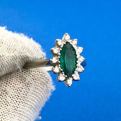 Gorgeous 14k White Gold Marquise Cut Emerald Diamond Accent Ring Size 2.75