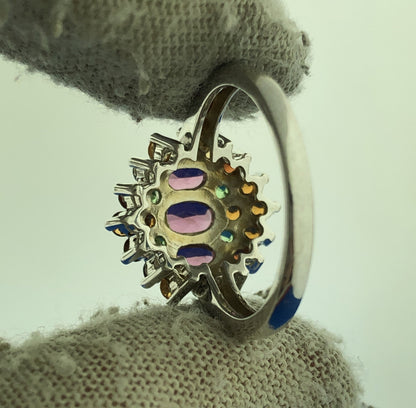Sterling Silver Pink Tourmaline Peridot Citrine Cluster Cocktail Ring