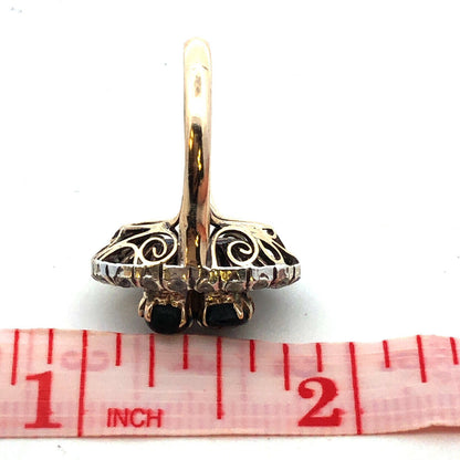 Vintage 14K Yellow Gold Black Star Sapphire White Amethyst Halo Cocktail Ring