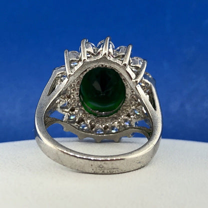 Retro Sterling Silver 925 Green White CZ Statement Fashion Cocktail Ring
