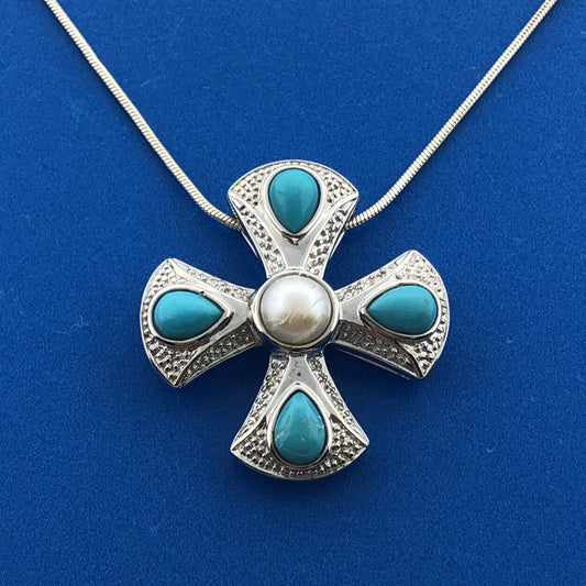 Designer EA Sterling Silver 925 Pearl Turquoise Modernist Cross Pendant Necklace