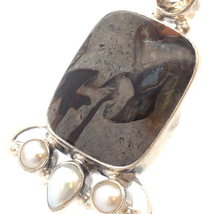 Vintage 925 Sterling Silver Grey Calsi Pearl White Amethyst Scroll Pendant