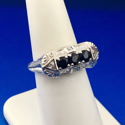 Art Deco Designer 14K White Gold Sapphire Cubic Zirconia CZ Anniversary Ring