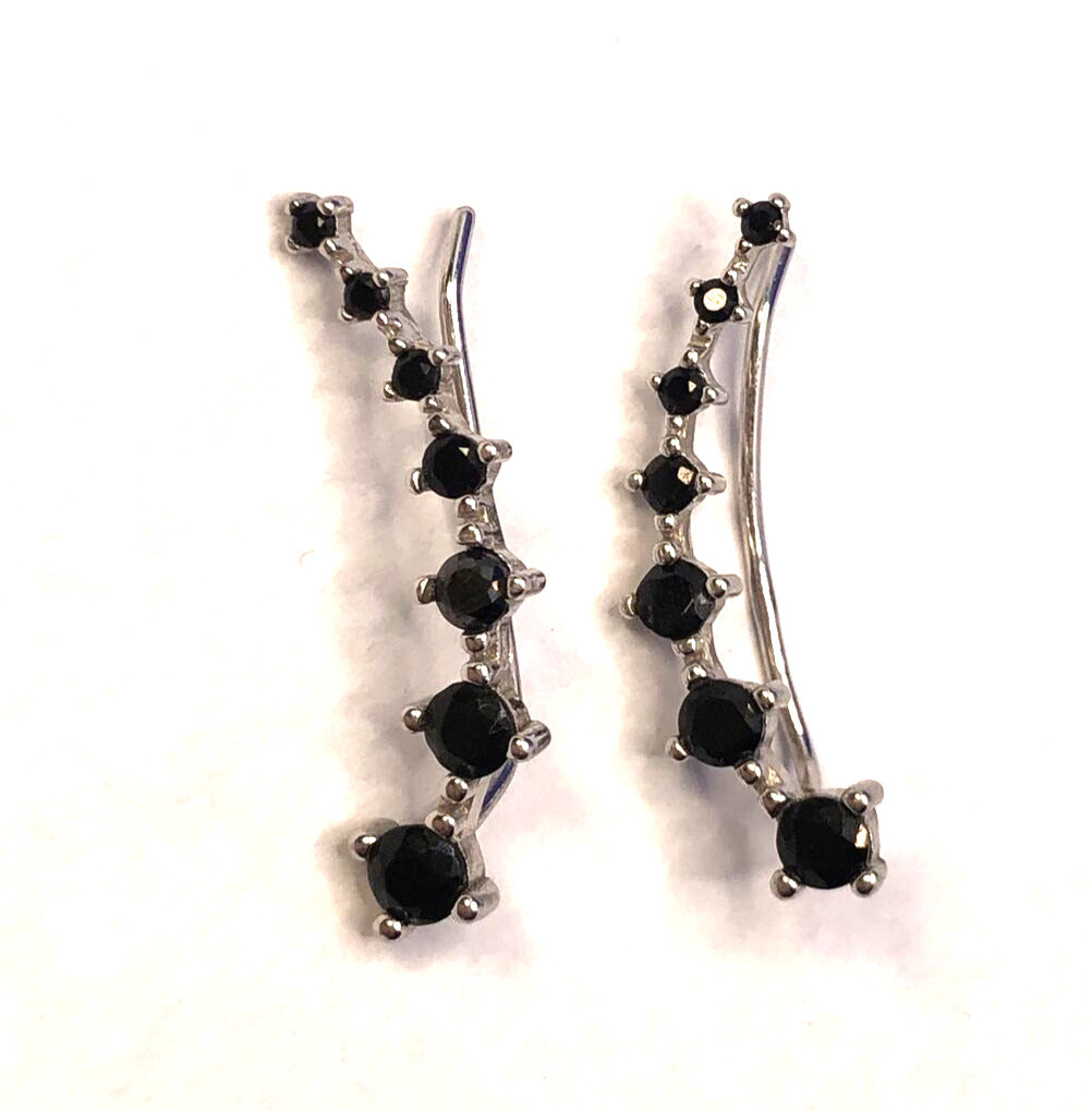 925 Sterling Silver Round Black Onyx Graduated Climber Earrings