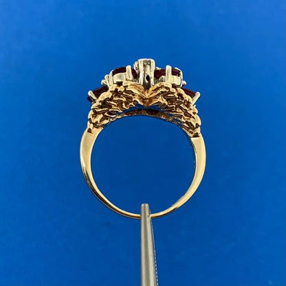 14K Yellow Gold Ruby Diamond Butterfly Cluster Statement Cocktail Ring