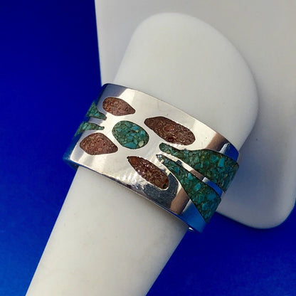 Men's Sterling Silver 925 Turquoise Red Coral Spiderweb Inlay Wide Band Ring