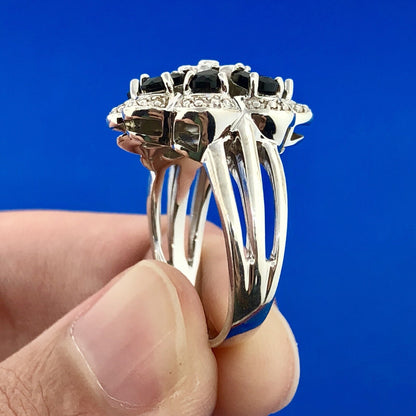 Designer AJ Sterling Silver Sapphire Diamond Floral Cluster September Anniv Ring