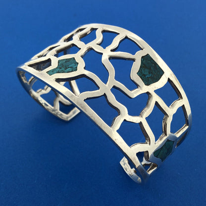 Vintage Taxco TE-01 925 Sterling Silver Turquoise Inlay Open Work Cuff Bracelet