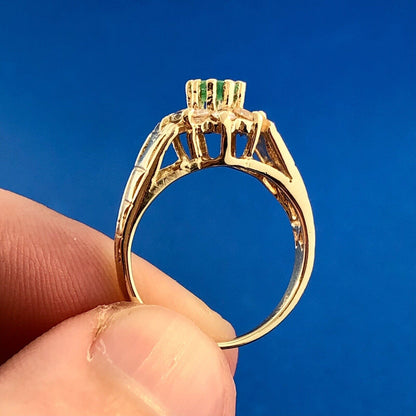 Modernist 14K Yellow Gold Emerald Diamond Halo Floral May Anniversary Ring